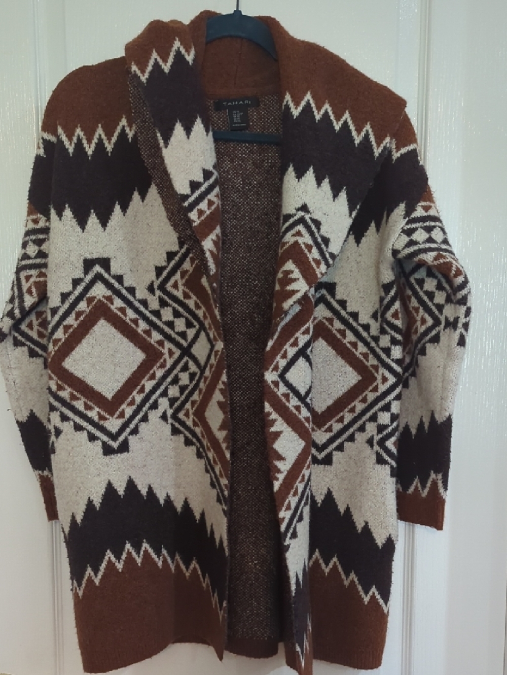 Tahari Brown Cream Black Geometric Open Cardigan Sz S